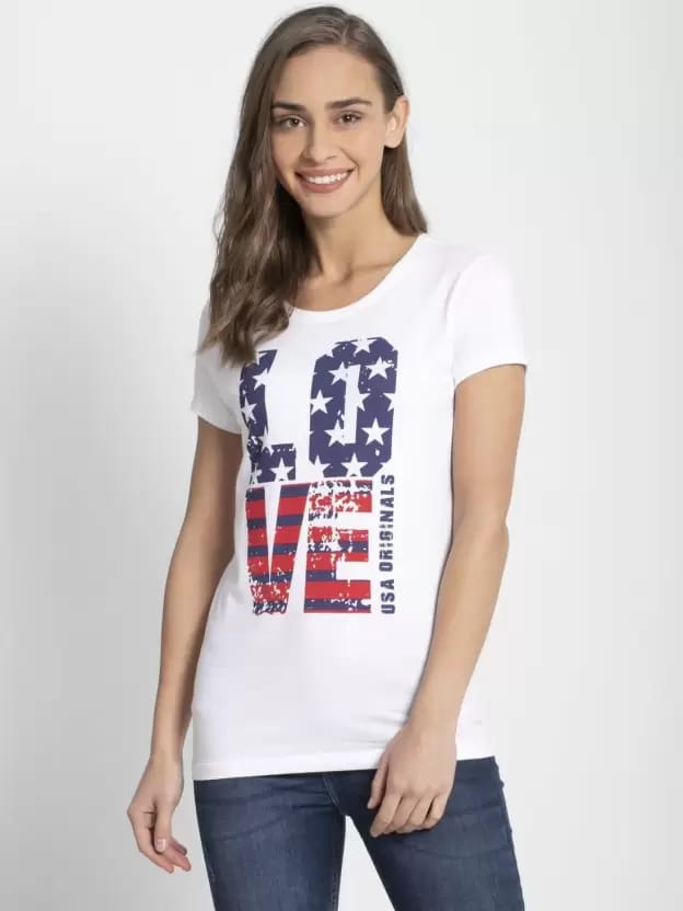 Women Printed Round Neck Cotton Blend White T-Shirt