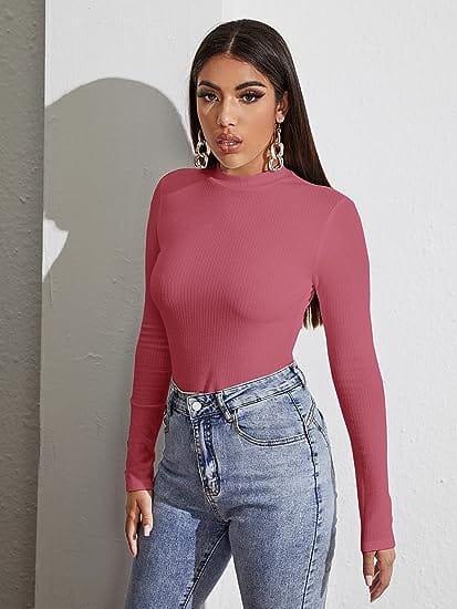 Women's Mock Neck Turtleneck Shirt Long Sleeve Ribbed Knit Slim Fit Tee Tops