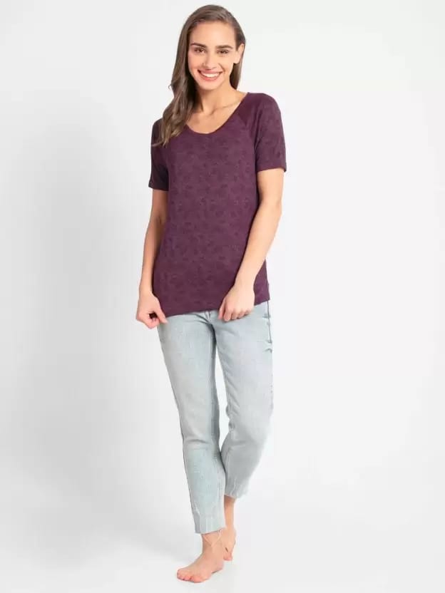 Women Printed Round Neck Modal Purple T-Shirt(purple wine)