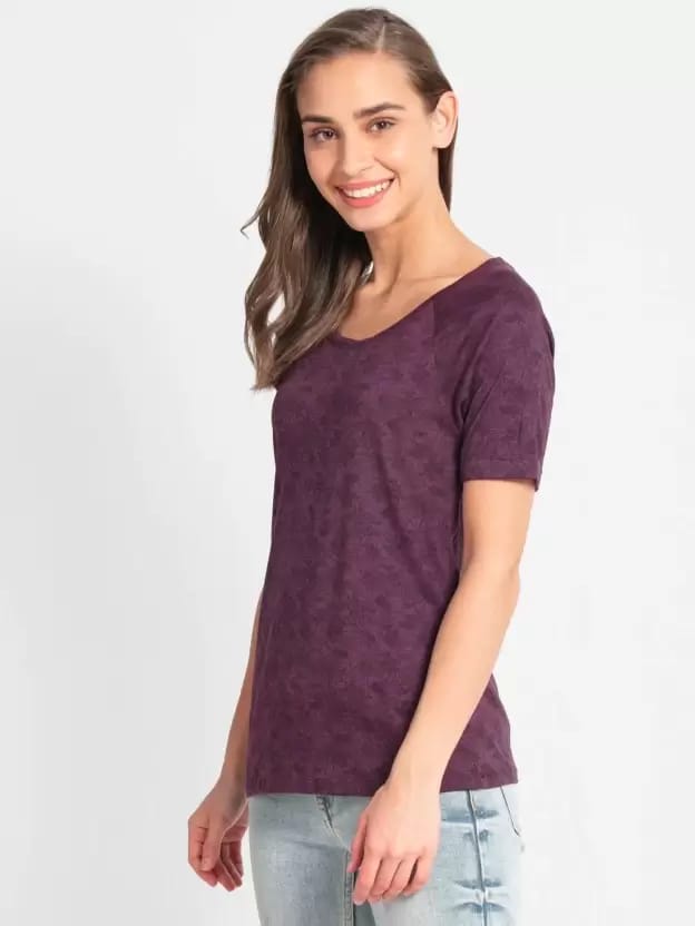 Women Printed Round Neck Modal Purple T-Shirt(purple wine)