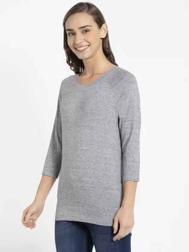 Women Self Design Round Neck Viscose Rayon Grey T-Shirt