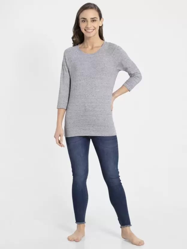 Women Self Design Round Neck Viscose Rayon Grey T-Shirt