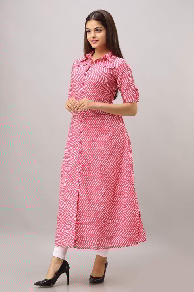 JAIPURETHNICWEAVES Women's Cotton Zig Zag Printed A-Line Kurta (Pink)