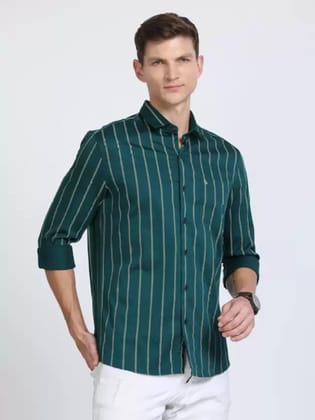 Men Slim Fit Striped Spread Collar Casual Shirt green