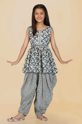 Stylish Dhoti Kurta Set for Girls Cotton Printed Round Neck & Sleeveless Ethnic
