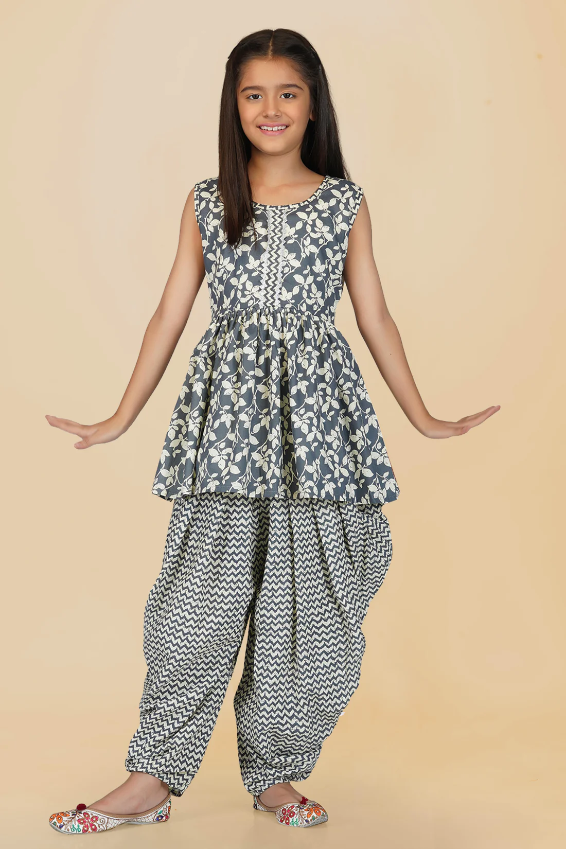 Stylish Dhoti Kurta Set for Girls Cotton Printed Round Neck & Sleeveless Ethnic