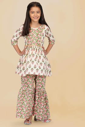 Stylish Cotton Kedia Floral Print Cotton Ethnic Kurta Sharara Set For Girls