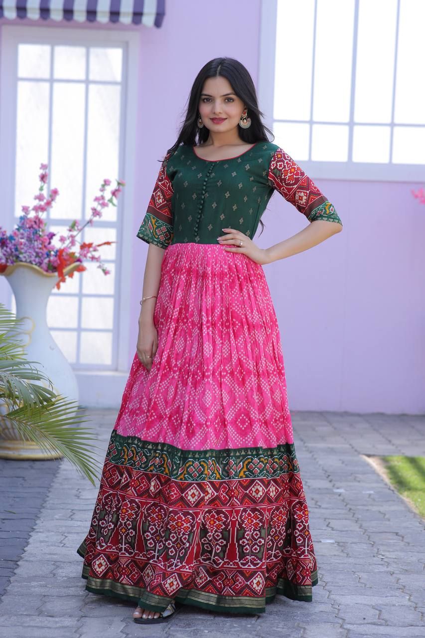 Pink Dola Silk Patola Foil Print Designer Gown