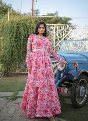 Pink Faux Georgette Flower Printed Attractive Gown