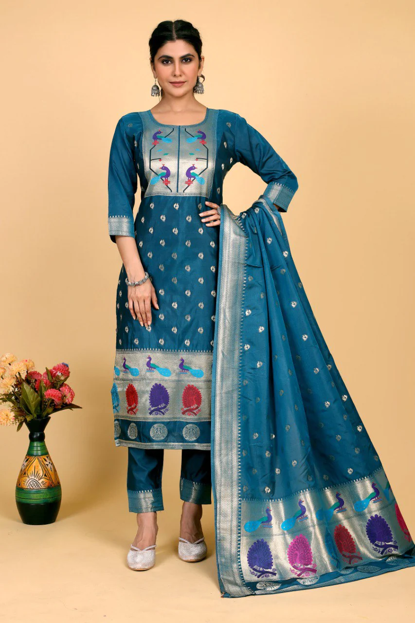 Soft silk mor paithani suit set