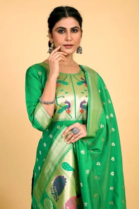 Pure Silk Self Design Women [Green] Salwar