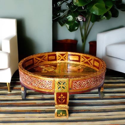 VM ANTIQUE DECOR Royal Painted Drawing-Room Round Coffee Table,Wooden Carved Grinder-Table, Decorative Multipurpose Chakki-Table for Home/Office