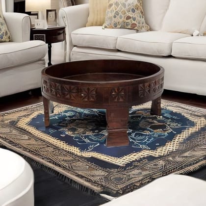 VM ANTIQUE DECOR Drawing-Room Decors Handicraft Natural-Brown Coffee Table,Wooden Carved Grinder Table,Multipurpose Chakki Table for Home/Office