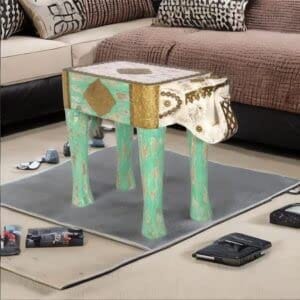 VM ANTIQUE DECOR Handicraft Distressed Coffee Table,Brass Embossed Wooden Cocktail Table,Home Decors Lamp-Table,Showpiece Elephant-Table