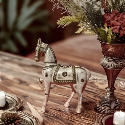 Handicraft Showpiece Horse-Statue, Brass-Embossed Table Decors Horse Figurine,Wooden Distressed White Horse Idol|Home Decor| 48x12x46 cm