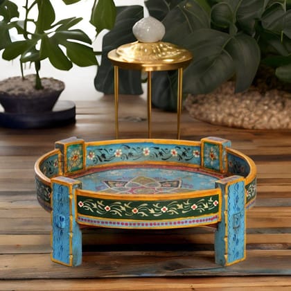VM ANTIQUE DECOR Drawing-Room Decors Rajasthani-Art Painted Round Coffee-Table,Wooden Carved Grinder-Table,Multipurpose Chakki-Table for Home/Office