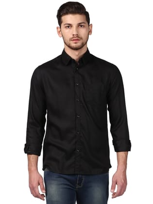 Men Regular Fit Solid Cut Away Collar Casual Shirt (Black)
