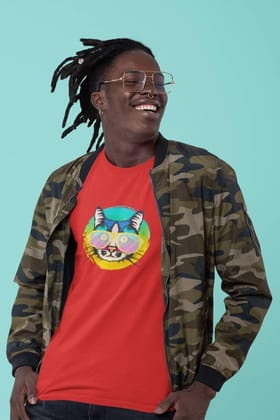 Round Neck T-Shirt (Men) - Cat With Glasses (11 Colours)