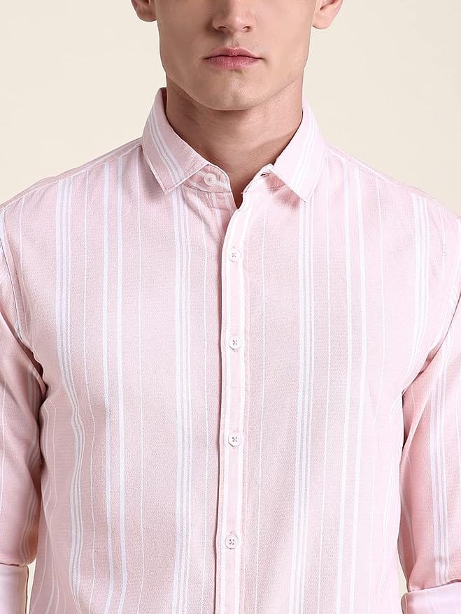 Men's White 100% Cotton Slim Fit Striped Semi Casual Shirt