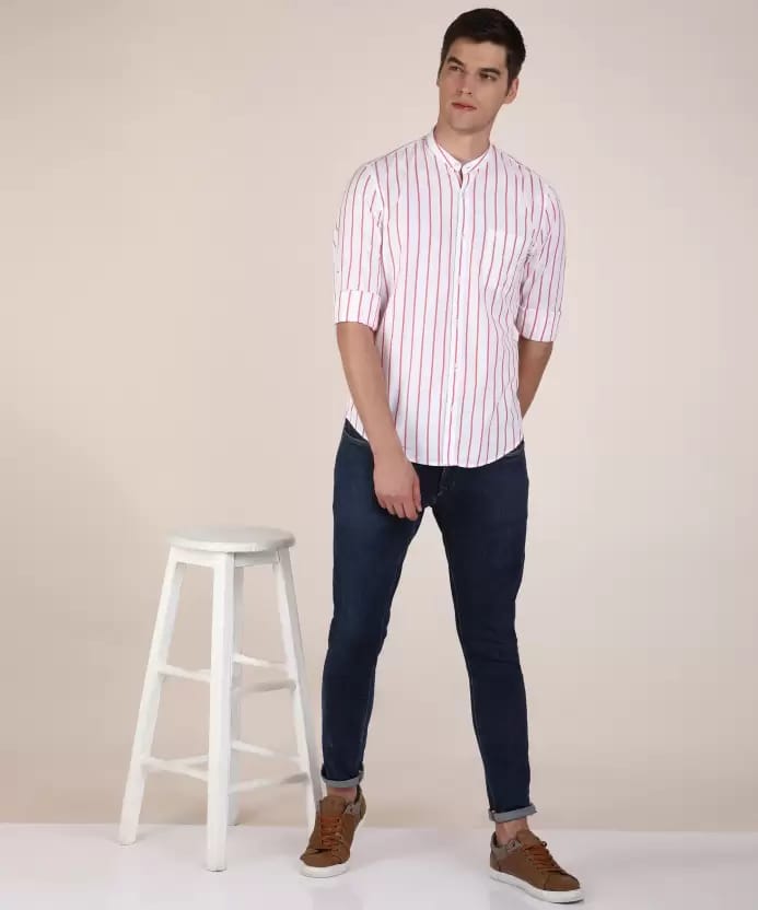 Men's pink & White 100% Cotton Slim Fit Striped Semi Casual Shirt