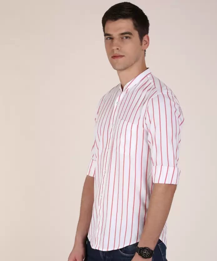 Men's pink & White 100% Cotton Slim Fit Striped Semi Casual Shirt