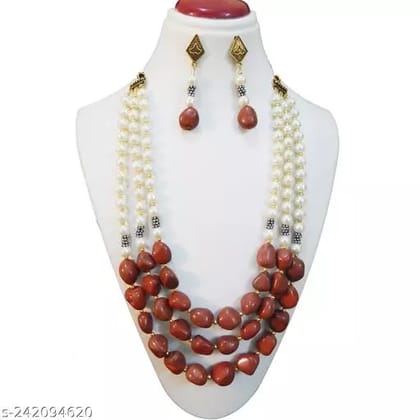 GEMSTONE RED JASPER TUMBLE & SYNTHETIC PEARL NECKLACE