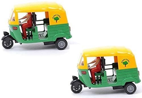 CNG Auto Rickshaw with Driver Pull Back Action Toy for Kids (Yellow and Green)(Pack of 2)