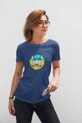 Round Neck T-Shirt (Women) - Cat With Glasses (15 Colours)