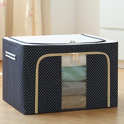 Mehtab Storage Box Frame Clothes | Foldable with Steel Frame | Polka Dots Design | Cover Saree Shirts Blankets Clothes Organiser with Transparent Window Pack Of 1