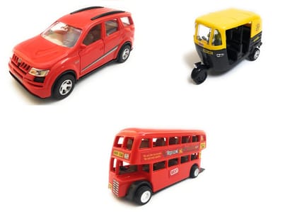 The Game Begins Kid's Pull Back and Go Openable Doors Mini Vehicle Toys of XUV 500 Car, Auto Rickshaw and Double Decker Bus -Set of 3