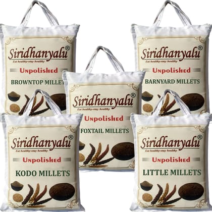 Unpolished Millet Rice Siridhanya 5 Types of Organic Millets Little Kodo Foxtail Browntop & Barnyard (Gwt. 1.5 Kg to 5Kg)