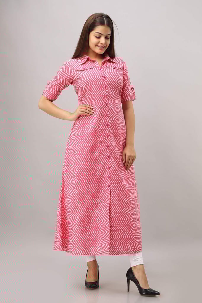 JAIPURETHNICWEAVES Women's Cotton Zig Zag Printed A-Line Kurta (Pink)