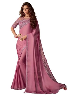 Women's Pink Silk Embellished Embroidered Bridal work Saree with Blouse Piece