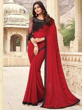 Women's Red Georgette Net Embroidered Heavy Border Bollywood Designer Saree With Unstitched Designer Blouse Piece