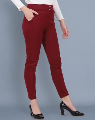 Women Regular Fit Cotton Blend Trousers in Maroon