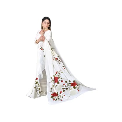 Women's Flower Embroidered Georgette Saree with Blouse Piece (Off White, Free Size)-White