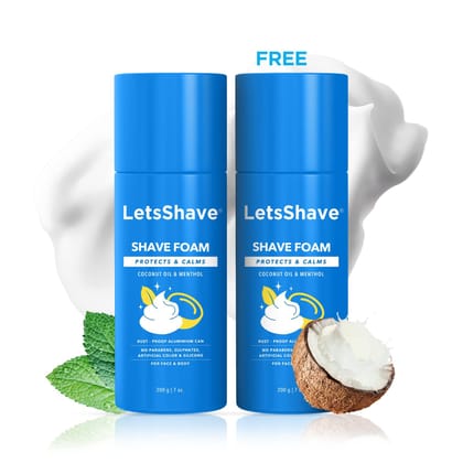 LetsShave Shave Foam Menthol for Men- 200 gm x 2, Coconut Oil Enriched - | Shaving Foam with Skin Nourishing Agents for Sensitive Skin | No artificial color and No alcohol | 200 g Each, Pack of 2