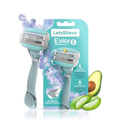 LetsShave Evior 6 Body Hair Removal Razor for Women with Wide Head & Open Flow Cartridge | Dual Moisture Bar & Micro Comb Guard Bar | Women Razor for Arm, Legs & Body