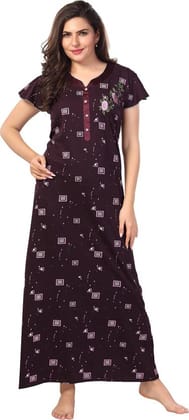Cotton Blend Printed Night Gown - maroon color