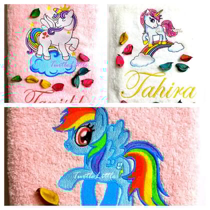 TurtleLittle, Cotton, 3 Unicorn Personalised Kids Girls Bath Towels, Value Saver Combo, 500 GSM (Set of 3, Pink, White, Pink)