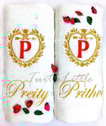 TurtleLittle, Cotton, Golden Emblem with Initials Personalised Couple Towel Set, 600 GSM (Set of 2, White)