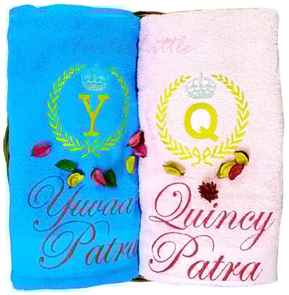 TurtleLittle, 100% Cotton, Laurel with Initials & Name Personalised Valentines Couple Bath Towel Set, 600 GSM (Set of 2, Pink & Blue)
