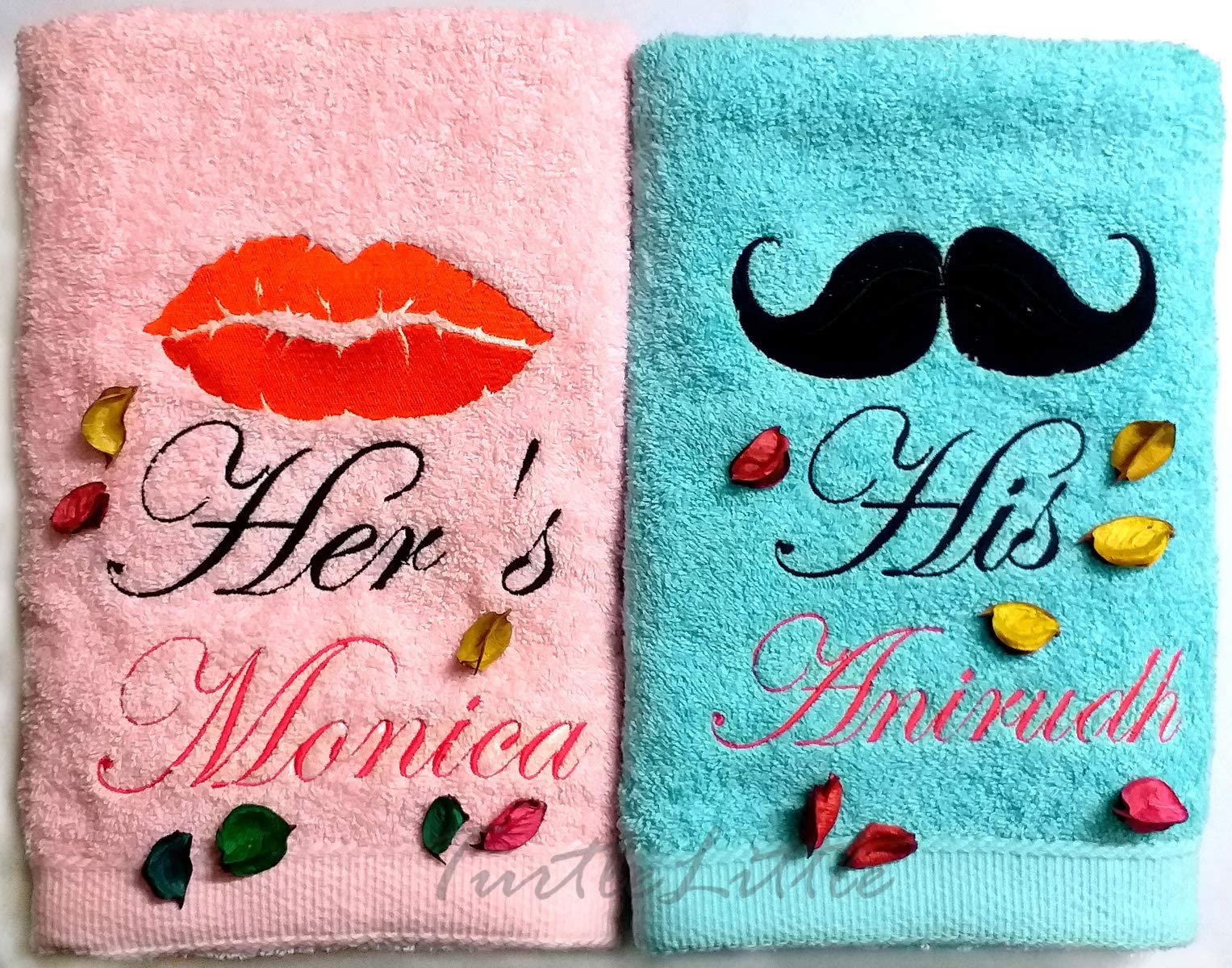 TurtleLittle Cotton His and Her Personalised Valentines Couple Bath Towel Set 600 GSM Set of 2