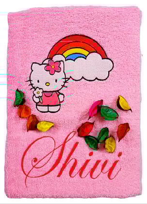 TurtleLittle, Cotton, Hello Kitty with Rainbow Personalised Kids Bath Towel, 500 GSM (Set of 1, Pink)