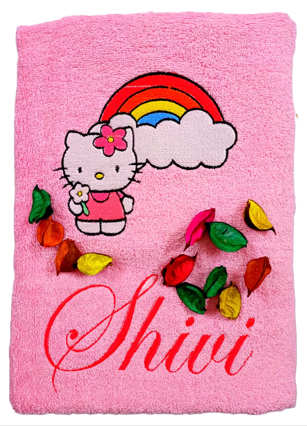 TurtleLittle, Cotton, Hello Kitty with Rainbow Personalised Kids Bath Towel, 500 GSM (Set of 1, Pink)
