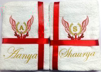 TurtleLittle, 100% Cotton, Personalised Wings Emblem Valentines Couple Bath Towels, 600 GSM (Set of 2, White)