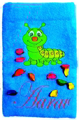 TurtleLittle, Cotton, Caterpillar Personalised Kids Bath Towel, 500 GSM (Set of 1, Blue)