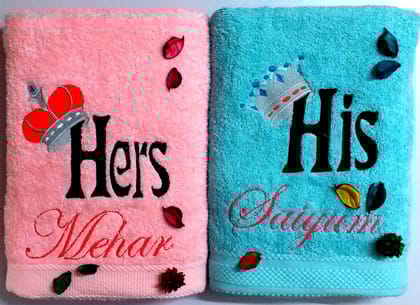 TurtleLittle, Cotton, His & Her, King & Queen Crown Personalised Valentine Couple Bath Towels, 600 GSM (Set of 2, Pink & Blue) TurtleLittle, Cotton, His & Her, King & Queen Crown Personalised Valentine Couple Bath Towels, 600 GSM (Set of 2, Pink & Blue)