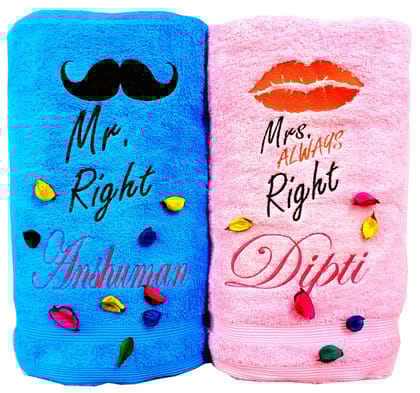 TurtleLittle, Cotton, Mr Right, Mrs Always Right Personalised Valentines Couple Bath Towel Set, 600 GSM (Set of 2, Pink and Blue)