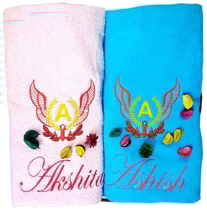 TurtleLittle, 100% Cotton, Laurel with Initials & Name Personalised Valentines Couple Bath Towel Set, 600 GSM (Set of 2, Pink & Blue)